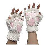 Womens Furry Paws Animal Cat Wolf Bear Dog Paws Claws Cosplay Gloves, Fingerless String Plush Warm Half Finger Thermal Mittens For Teens Girls Halloween Party Fancy Dress