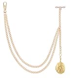 ManChDa Pocket Watch Chains For Men - Pocket Watches Chain With Locket Pendant, Pocket Watch And Chain, Albert Chain Curb Link T-Bar Chain 2 Hook Antique Fob T Bar For Men Gold