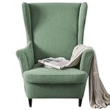 Wingback Chair Covers 2 Piece Set - 2 IN 1 Design Armchair Covers Solid Soft Wing Back Chair Cover Stretch Wing Chair Slipcover Furniture Protector for Living Room Bedroom Hotel (Green)