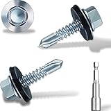 4.8x19 mm Self-Drilling Roofing Screws, 110 pcs Hex Head Self Tapping Screws, Hex Head Self-Drilling Roof Screws with Rubber Sealing Washer. with Hex Socket, Zinc Plat.