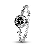 JadeAngel Watches for Women 925 Sterling Silver Wrist Watch with Marcasite Bracelet Wristwatch Analog Quartz Watch (Black)