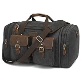 Imyth 60L Large Capacity Leather Duffle Bag - Classic Vintage Expandable Canvas Weekend and Overnight Travel Bag, Airplane Carry-On Luggage (Black)