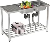 FIDOOVIVIA Commercial Restaurant Sink, Double Bowl, Stainless Steel with Storage Shelf, Outdoor/Bar Sink 120x50x80cm