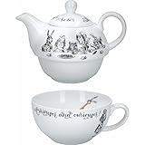 V&A Alice in Wonderland Teapot and Cup Set For 1 in Gift Box, Fine China Tea Set, White, 250 ml
