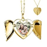 TOFBS Gold Angel Wing Heart Locket Necklace for Women & Girls, Personalized Photo Image Memory Pendant, 45cm Chain