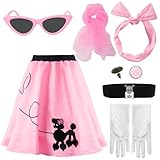 Boyigog 1950s Poodle Skirt Costume Womens 50s Pink Retro Outfit for Adults 7Pcs 50s Sock Hop Accessories with Belt Glasses Earrings Scarf Gloves 50s Fancy Dress for Halloween Party