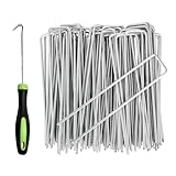 RnCop Galvanized Garden Pegs, 50 Pack 6"/15cm Weed Membrane Pegs, Strong U-Shaped Ground Stakes Steel for Fixing Landscape Fabric(with 1 pick hook)