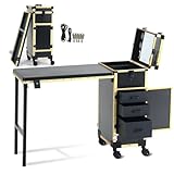 EBANKU 360° Rolling Manicure Table, Portable Nail Table Foldable Traveling Nail Desk Professional Cosmetic Trolley Case Nail Station with Drawers/Mirror/Bluetooth Player, Black Gold