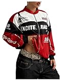 GORGLITTER Women's Full Zip Long Sleeve Bomber Jackets Letter Graphic Colorblock Y2k Motorbike Jacket Outerwear Red Large