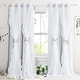 PONY DANCE Shabby Chic Curtains for Bedroom Double Layer White Ruffle Sheer Overlay with Tiebacks French Country Drapes for Bedroom Decor, 52" W x 84" L, Greyish White, 2 Pieces