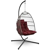 SereneLife Foldable Egg Chair - Rattan Wicker Hanging Swing Chair with Stand, Waterproof Cushion & Headrest, Cozy Outdoor/Indoor Egg Chair for Patio, Bedroom, Porch, Garden (Red)