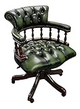 Chesterfield Captains Chair in Genuine Leather – Antique Green – Handmade UK Office Desk Chair with Mahogany Frame, Gas Lift, Swivel & Tilt – Deep Buttoned Luxury Executive Armchair