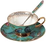 Eplze YBK Tech Euro Style Cup& Saucer Set, Bone China Teacup Coffee Cup for Breakfast Home Kitchen- Birds and Trees Patterns (Blue)