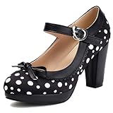 Gicoiz Women Polka Dot Mary Jane Block High Heels Pumps Bow Bride Round Toe Party Elegant Ankle Strap Lovely Chunky Platform Shoes Black Size 6-40