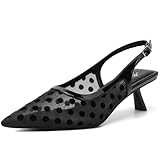 Mostrin Kitten Heels for Women Pointed Toe Pumps Patent Leather Low Heel Slingback Heels with Buckle Dress Shoes for Dating Party Working, Black Polka Dot, 9 UK