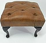 Beaumont Heritage Chesterfield Footstool | 100% Genuine Vintage Tan Leather Ottoman Pouffe | Handmade UK Furniture with Queen Anne Mahogany Legs | Rustic Chesterfield Stool & Foot Rest