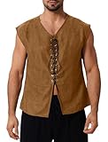 Men's Medieval Vest Suede Leather Pirate Tank Top V-Neck Lace Up Renaissance Vintage Steampunk Gothic Sleeveless Waistcoat Retro Viking Tops Victorian Halloween Costume Carnival Cosplay Brown XXL