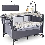 GYMAX Baby Travel Cot, 5-in-1 Portable Baby Bed Playard with Changing Table, Storage Pocket and Hanging Toys, Adjustable Infant Bassinet Nursery Center (Bear)