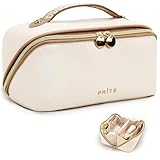 Prite Large Capacity Makeup Bag Portable Travel Cosmetic Bag Waterproof Toiletry Case with Clear Divider and Handle (Beige)