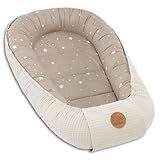 Baby Nest Pod Bassinet Lounger – 90x50 cm Sleep Pod Newborn 0-36 Months Portable Co Sleeper Travel Furniture Cozy Snuggle Breathable Cotton Wafel Beige with white stars