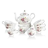 Sweejar Home 21 Pieces Porcelain Tea Sets, Tea Cups and Saucers Coffee Set of 6, Vintage Floral Gift Tea Service for Adults, Creamer Pitcher and Spoons, Suitable for Afternoon Tea Party(Rose Flower）