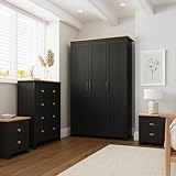 GFW Lancaster 4 Piece Bedroom Set Black Bedside Cabinet Chest Of Drawers Wardrobe