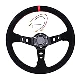 Car Racing Steering Wheel, 350mm/14inch Universal Modified Car Drifting Competitive Game Steering Wheel With Horn Button, 6 Bolt Grip Deep-Dish Slip-Resistant Sport steering wheel, Suede Leather, Red