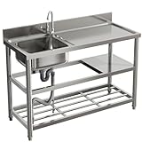 Warmiehomy Commercial Restaurant Sink 3 Tier Free Standing Sinks with Storage Shelf Stainless Steel Single Bowl Kitchen Sink Unit Outdoor Camping Washbasin with Drainer Kit, 120x50x89.5cm