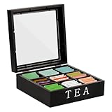 Wooden Tea Storage Box,23x23x9CM Tea Bag Organizer with 9 compartments,Tea Chest Container with Transparent Lid for Tea Bags,Sugar, Coffee Pods (Black)