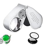 40X Jeweler Loupe, LED Magnifying Glass, Pocket Magnifier with UV Light, Foldable Metal Magnifying Glass for Jewelry Coins Stamps Watches Gems, Compact Illuminated Eye Loupe with Storage Case, Slivery