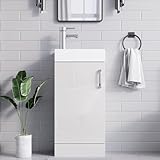 BELOFAY White 400mm Floor Standing Bathroom Vanity Unit With Basin - Lacquered Cloakroom Vanity Unit with 1 Tap Hole and Soft Close Hinges with WASTe (New York White)