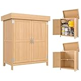 Outsunny Small Shed, Wooden Garden Shed with Openable Hinged Roof and Removable Shelf, Outdoor Tool Storage Cabinet Chest with Double Doors, 74 x 43 x 88 cm, Natural Wood Finish