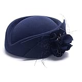 Lawliet Women Fascinator Pillbox Felt Wool Hat Formal Dress Flower Veil (Navy Blue)