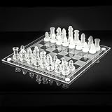 Large 25cm Traditional Chess Glass Board Game 32 Pieces Set Frosted & Clear Gift Boxed