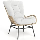 COSTWAY PE Rattan Garden Chair, Outdoor Armchair Wicker Lounge Chairs with Soft Cushion, Heavy Duty Metal Frame Patio Dining Chair for Backyard, Porch, Balcony & Living Room (Off White)