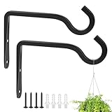 Hanging Basket Bracket, 2 Pack Heavy Duty Hanging Basket Hooks Outdoor with Screws, Iron Black Wall Brackets for Hanging Baskets Plants Lantern Bird Feeder