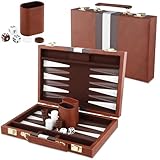 Backgammon Set 2 players, Classic Board Games with Leather Case, Portable Travel Backgammon Game Sets for Adults and Kids, Travel Board Games, Grey (11 inch, Brown)