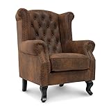 Brown Chesterfield Wingback Fireside Chair in Faux Suede - Classic High Back Queen Anne Chair for Living Room, Bedroom or Elderly Comfort
