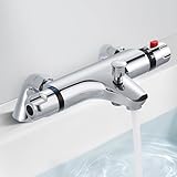 Thermostatic Bath Shower Mixer, Deck Mounted Shower Thermostatic Valve, Solid Brass Bathtub Shower Mixer Bar with 38°C Safety Anti-Scald Control Valve, Chrome