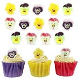 Culpitt Mixed Pansies Sugar Decorations | 32 Edible Cupcake Toppers | Printed Fondant Sugar Paste Cake-Decorations, Yellow, Purple, Pink, And Violet Flowers - 32 Pack