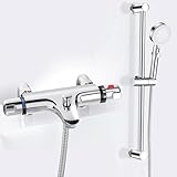 Thermostatic Bath Shower Mixer Tap with Shower Riser Kit, Modern Bath Taps with Shower Set, Include Deck Mounted Thermostatic Bar, Shower Rail, Shower Head Hose, 38°C Anti Scald, Chrome
