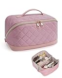 Wandering Nature Quilted Travel Makeup Bag with Handle – Portable Toiletry Bag & Cosmetic Organiser Roomy Interior Water-Resistant,Pink (Patent Pending)