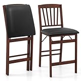 TANGZON Folding Bar Stools Set of 2, PVC Leather Upholstered Bar Chairs with Backrest, Rubber Wood Legs & Footrest, Counter Breakfast Dining Chairs for Home Kitchen Pub, No Assembly (1, Spindle Back)