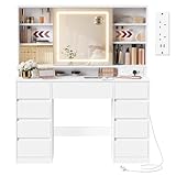 VASAGLE KAILYN Collection - Dressing Table with LED Mirror, Vanity Desk with Power Outlets, 9 Drawers, 10x Magnifying Mirror, 3 Light Colours, Toolless Slide Rail Assembly, Cloud White RDT137W02
