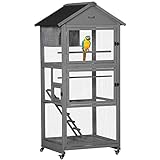 PawHut Bird Cage budgie cage Wooden Outdoor Aviary with Wheels for Canary Finch with Asphalt Roof Perch Nest Ladder Slide-out Tray, Grey