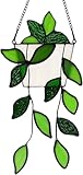 Stained Glass Window Hanging Green Plant Suncatcher Handcrafted Stained Glass Real Glass Plant Sun Catcher Gifts for Plant Lovers,Unique Home Window Wall Decor