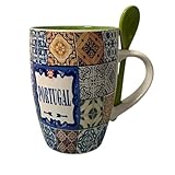 Portugal Traditional Azulejos Hand Painted Coffee Mug with Spoon Ceramic Tea Cup Includes Gift Box Portugese Pottery Beautiful Gift from Portugal (Green)