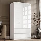Blisswood High Gloss Wardrobe for Bedroom – White 2 Door & 2 Drawers Wooden Wardrobe with Hanging Rail, Modern Double Clothes Storage Cupboard Unit for Bedroom Furniture