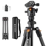 K&F CONCEPT 64inch/163cm Camera Tripod, Lightweight Aluminum Travel Outdoor Tripod with Ball Head Load Capacity 8kg, Phone Holder, for DSLR Cameras O2341A1+BH-36