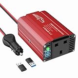 BGFOX 300W Car Power Inverter DC 12V to 240V / 230V AC Modified Sine Wave Voltage Converter with Dual USB Ports and UK Socket for Charge Your Laptop,For iPhone, iPad, Tablet, Aluminium Case - Red